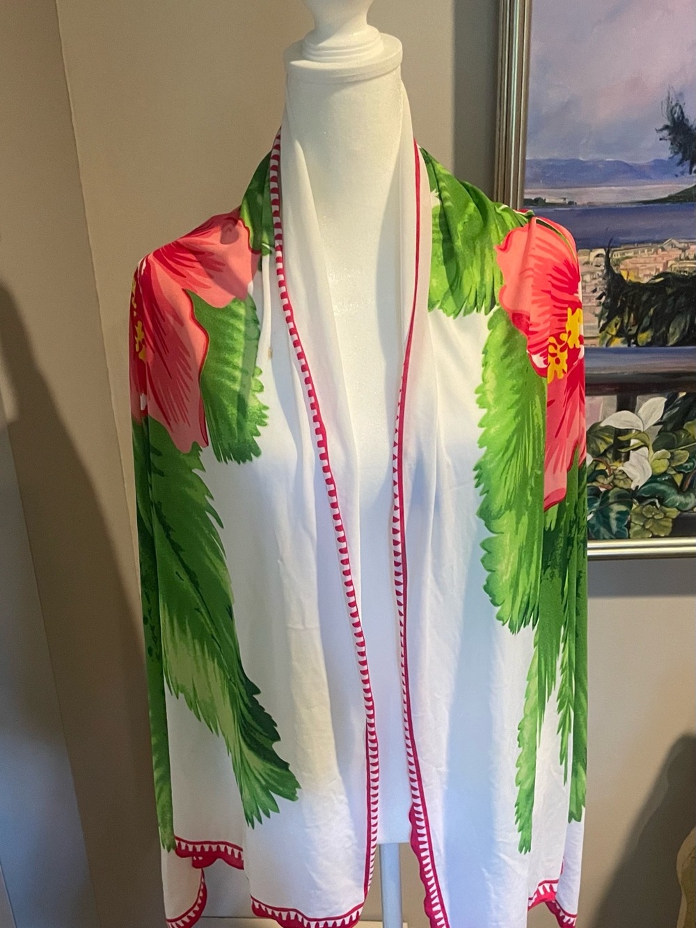 Women’s White Floral Swim Cover-Up/Scarf/Shaw with Pink & Green Print